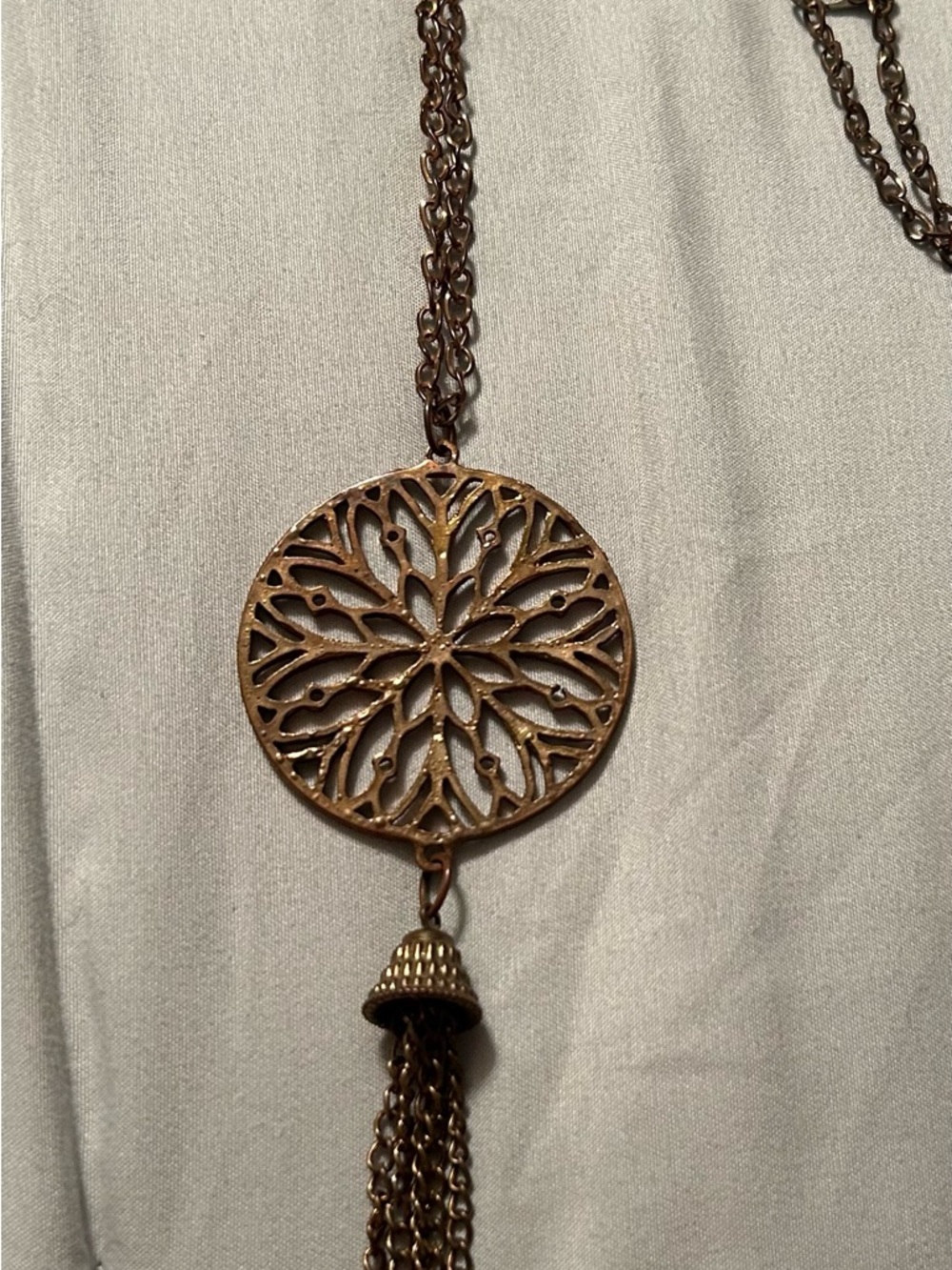 Bronze Tone Floral Medallion Tassel Necklace